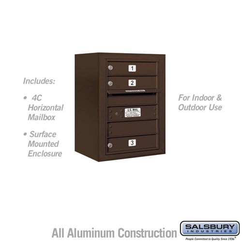 Salsbury 6 Door High Surface Mounted 4C Horizontal Mailbox with 3 Doors in Bronze with USPS Access - Sweatfully