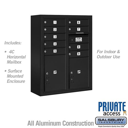 Salsbury 10 Door High Surface Mounted 4C Horizontal Mailbox with 9 Doors and 2 Parcel Lockers in Black with Private Access - Sweatfully