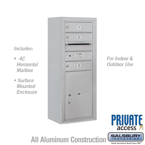 Salsbury 10 Door High Surface Mounted 4C Horizontal Mailbox with 3 Doors and 1 Parcel Locker in Aluminum with Private Access - Sweatfully
