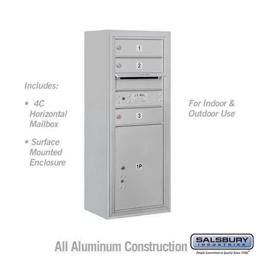 Salsbury 10 Door High Surface Mounted 4C Horizontal Mailbox with 3 Doors and 1 Parcel Locker in Aluminum with USPS Access - Sweatfully