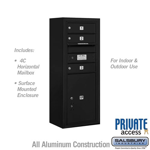 Salsbury 10 Door High Surface Mounted 4C Horizontal Mailbox with 3 Doors and 1 Parcel Locker in Black with Private Access - Sweatfully