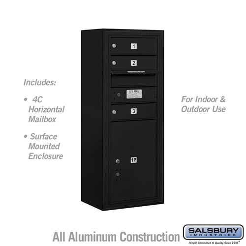 Salsbury 10 Door High Surface Mounted 4C Horizontal Mailbox with 3 Doors and 1 Parcel Locker in Black with USPS Access - Sweatfully