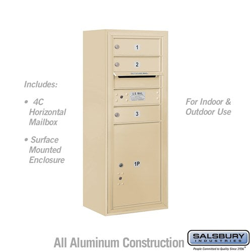 Salsbury 10 Door High Surface Mounted 4C Horizontal Mailbox with 3 Doors and 1 Parcel Locker in Sandstone with USPS Access - Sweatfully