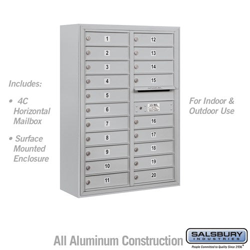 Salsbury 11 Door High Surface Mounted 4C Horizontal Mailbox with 20 Doors in Aluminum with USPS Access - Sweatfully