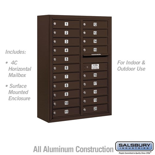 Salsbury 11 Door High Surface Mounted 4C Horizontal Mailbox with 20 Doors in Bronze with USPS Access - Sweatfully