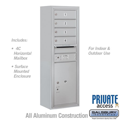 Salsbury 11 Door High Surface Mounted 4C Horizontal Mailbox with 4 Doors and 1 Parcel Locker in Aluminum with Private Access - Sweatfully