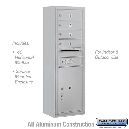 Salsbury 11 Door High Surface Mounted 4C Horizontal Mailbox with 4 Doors and 1 Parcel Locker in Aluminum with USPS Access - Sweatfully