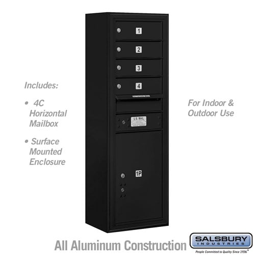 Salsbury 11 Door High Surface Mounted 4C Horizontal Mailbox with 4 Doors and 1 Parcel Locker in Black with USPS Access - Sweatfully