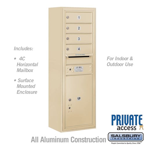 Salsbury 11 Door High Surface Mounted 4C Horizontal Mailbox with 4 Doors and 1 Parcel Locker in Sandstone with Private Access - Sweatfully