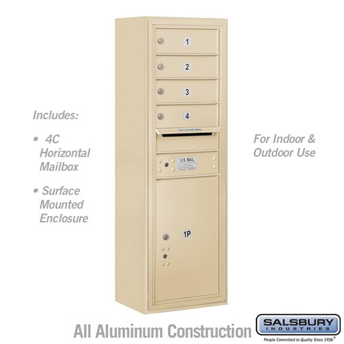 Salsbury 11 Door High Surface Mounted 4C Horizontal Mailbox with 4 Doors and 1 Parcel Locker in Sandstone with USPS Access - Sweatfully