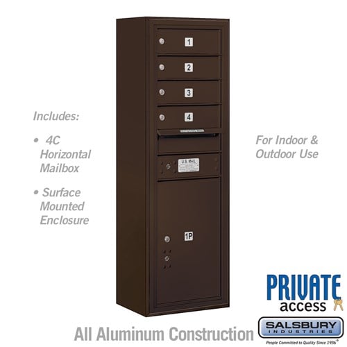 Salsbury 11 Door High Surface Mounted 4C Horizontal Mailbox with 4 Doors and 1 Parcel Locker in Bronze with Private Access - Sweatfully