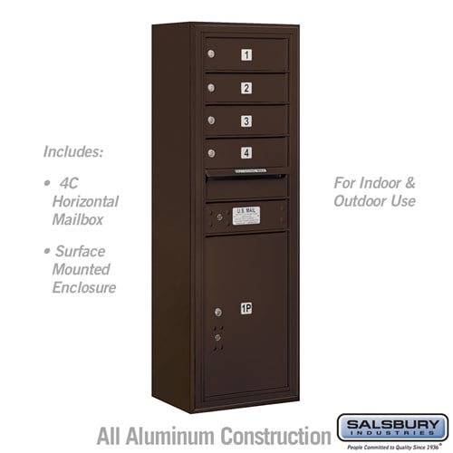 Salsbury 11 Door High Surface Mounted 4C Horizontal Mailbox with 4 Doors and 1 Parcel Locker in Bronze with USPS Access - Sweatfully