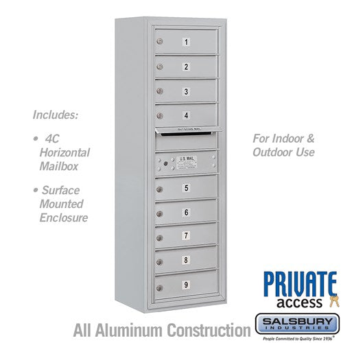Salsbury 11 Door High Surface Mounted 4C Horizontal Mailbox with 9 Doors in Aluminum with Private Access - Sweatfully