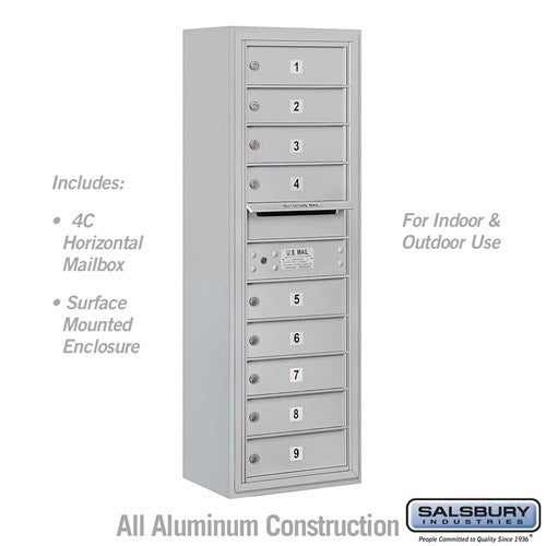 Salsbury 11 Door High Surface Mounted 4C Horizontal Mailbox with 9 Doors in Aluminum with USPS Access - Sweatfully