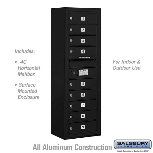Salsbury 11 Door High Surface Mounted 4C Horizontal Mailbox with 9 Doors in Black with USPS Access - Sweatfully