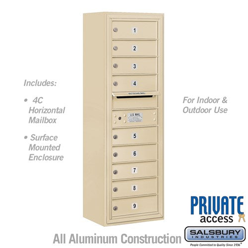 Salsbury 11 Door High Surface Mounted 4C Horizontal Mailbox with 9 Doors in Sandstone with Private Access - Sweatfully