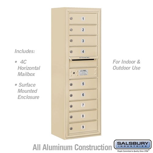 Salsbury 11 Door High Surface Mounted 4C Horizontal Mailbox with 9 Doors in Sandstone with USPS Access - Sweatfully