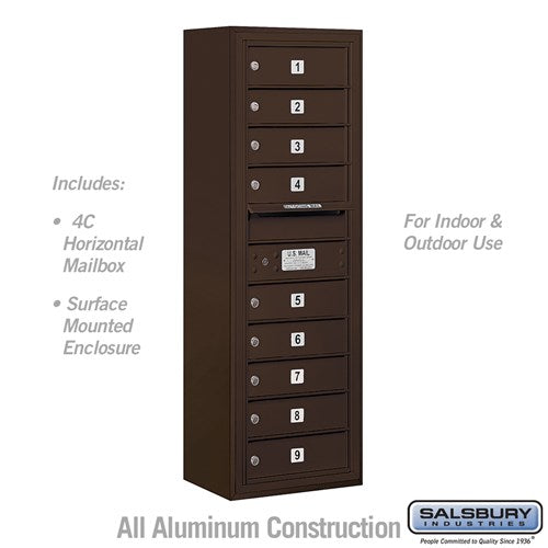 Salsbury 11 Door High Surface Mounted 4C Horizontal Mailbox with 9 Doors in Bronze with USPS Access - Sweatfully