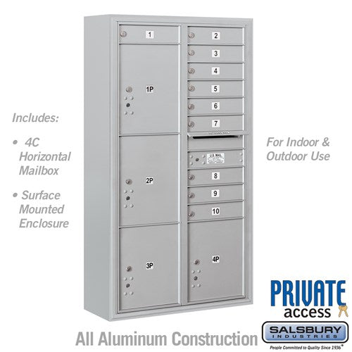 Salsbury Maximum Height Surface Mounted 4C Horizontal Mailbox with 10 Doors and 4 Parcel Lockers in Aluminum with Private Access - Sweatfully