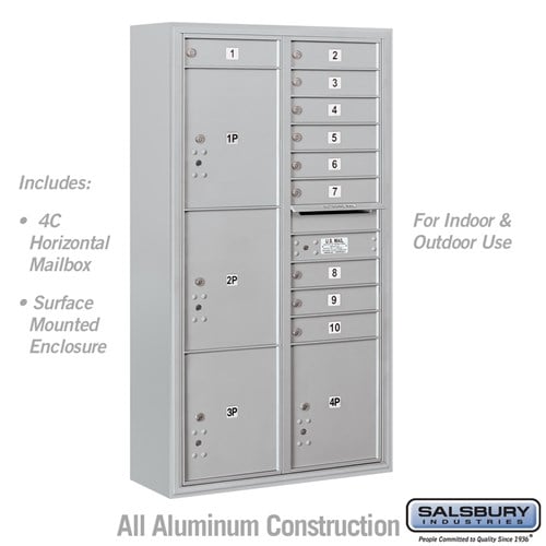 Salsbury Maximum Height Surface Mounted 4C Horizontal Mailbox with 10 Doors and 4 Parcel Lockers in Aluminum with USPS Access - Sweatfully