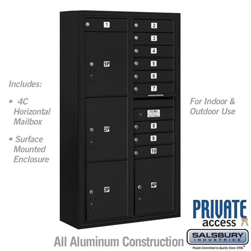 Salsbury Maximum Height Surface Mounted 4C Horizontal Mailbox with 10 Doors and 4 Parcel Lockers in Black with Private Access - Sweatfully