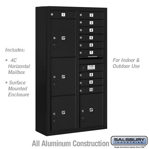 Salsbury Maximum Height Surface Mounted 4C Horizontal Mailbox with 10 Doors and 4 Parcel Lockers in Black with USPS Access - Sweatfully
