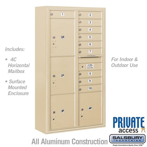 Salsbury Maximum Height Surface Mounted 4C Horizontal Mailbox with 10 Doors and 4 Parcel Lockers in Sandstone with Private Access - Sweatfully