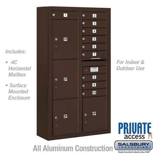 Salsbury Maximum Height Surface Mounted 4C Horizontal Mailbox with 10 Doors and 4 Parcel Lockers in Bronze with Private Access - Sweatfully