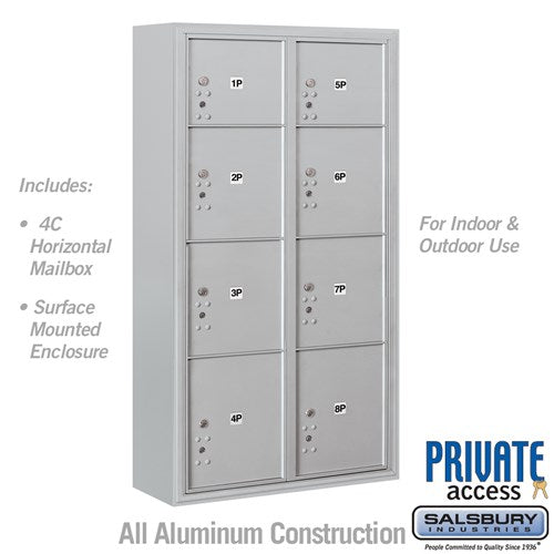 Salsbury Maximum Height Surface Mounted 4C Horizontal Parcel Locker with 8 Parcel Lockers in Aluminum with Private Access - Sweatfully