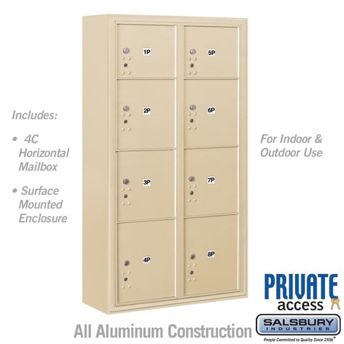 Salsbury Maximum Height Surface Mounted 4C Horizontal Parcel Locker with 8 Parcel Lockers in Sandstone with Private Access - Sweatfully