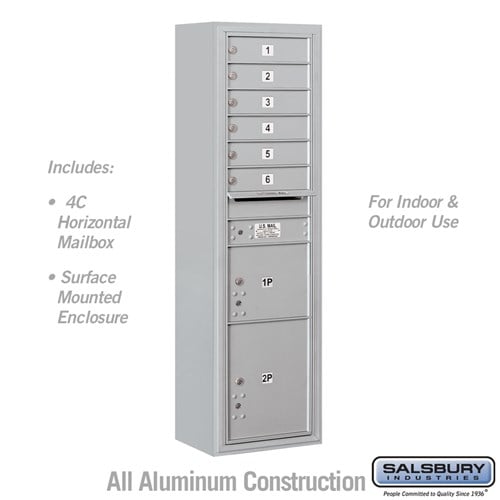 Salsbury Maximum Height Surface Mounted 4C Horizontal Mailbox with 6 Doors and 2 Parcel Lockers in Aluminum with USPS Access - Sweatfully