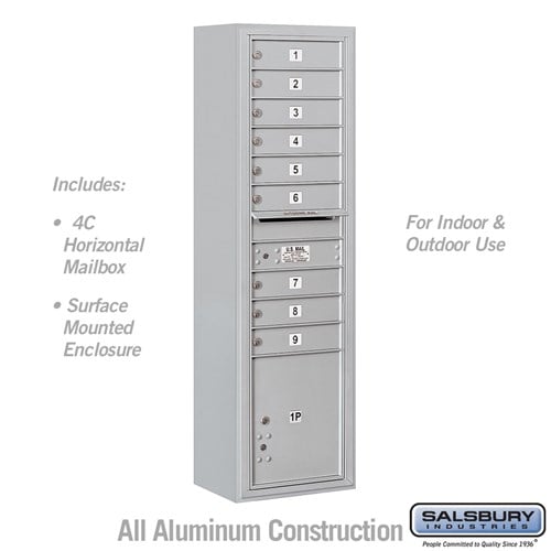 Salsbury Maximum Height Surface Mounted 4C Horizontal Mailbox with 9 Doors and 1 Parcel Locker in Aluminum with USPS Access - Sweatfully