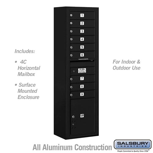 Salsbury Maximum Height Surface Mounted 4C Horizontal Mailbox with 9 Doors and 1 Parcel Locker in Black with USPS Access - Sweatfully