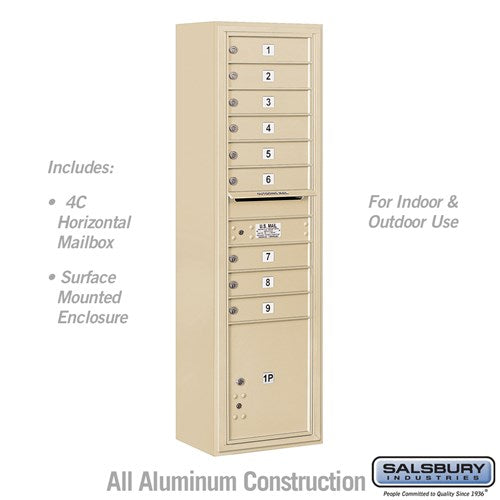 Salsbury Maximum Height Surface Mounted 4C Horizontal Mailbox with 9 Doors and 1 Parcel Locker in Sandstone with USPS Access - Sweatfully