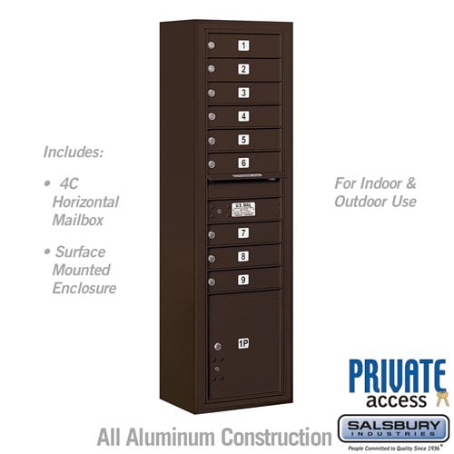 Salsbury Maximum Height Surface Mounted 4C Horizontal Mailbox with 9 Doors and 1 Parcel Locker in Bronze with Private Access - Sweatfully