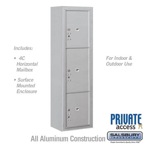 Salsbury Maximum Height Surface Mounted 4C Horizontal Parcel Locker with 3 Parcel Lockers in Aluminum with Private Access - Sweatfully