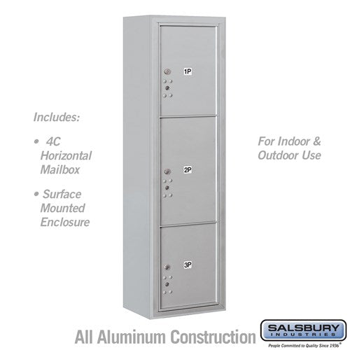 Salsbury Maximum Height Surface Mounted 4C Horizontal Parcel Locker with 3 Parcel Lockers in Aluminum with USPS Access - Sweatfully