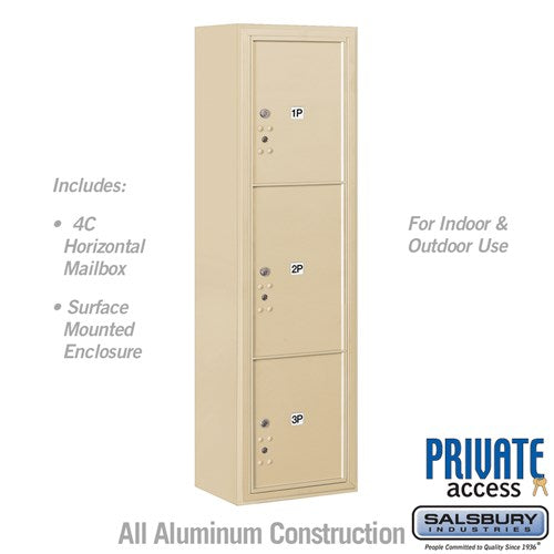 Salsbury Maximum Height Surface Mounted 4C Horizontal Parcel Locker with 3 Parcel Lockers in Sandstone with Private Access - Sweatfully