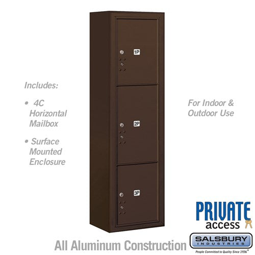 Salsbury Maximum Height Surface Mounted 4C Horizontal Parcel Locker with 3 Parcel Lockers in Bronze with Private Access - Sweatfully