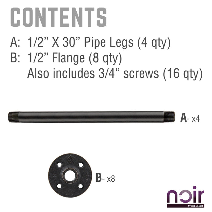 1 in. x 30 in.  Noir Black Round Flange Pipe Table Legs - 4 Pack - Sweatfully