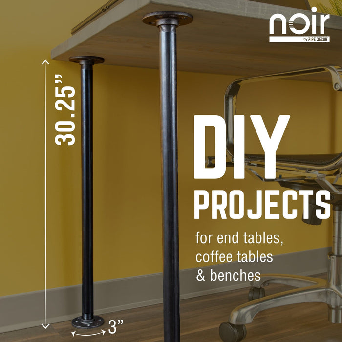 1 in. x 30 in.  Noir Black Round Flange Pipe Table Legs - 4 Pack - Sweatfully
