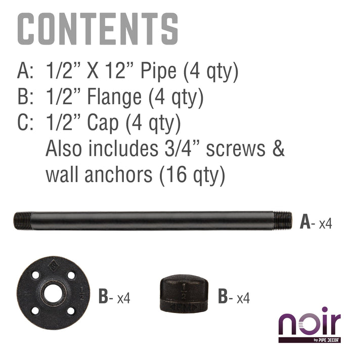1/2 in. x 12 in. Noir Black Clothing Hanging Bracket Kit, 4 Pack - Sweatfully