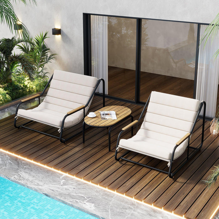 Outdoor Chaise Lounge Chairs Set of 3 with Acacia Side Table, Pool Lounge Chairs for Lawn, Deck, Beach - Sweatfully