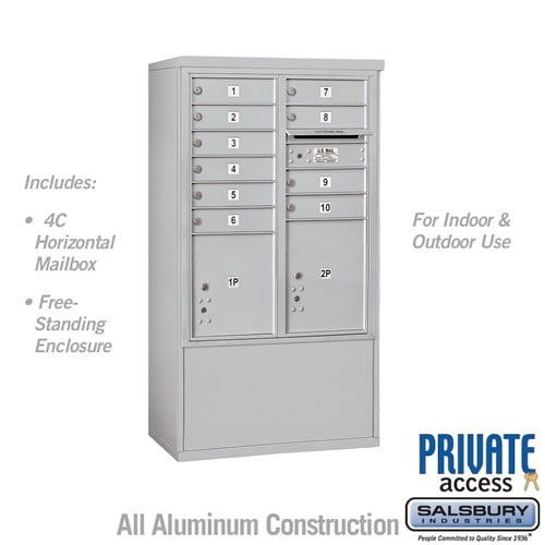 Salsbury 10 Door High Free-Standing 4C Horizontal Mailbox with 10 Doors and 2 Parcel Lockers in Aluminum with Private Access - Sweatfully