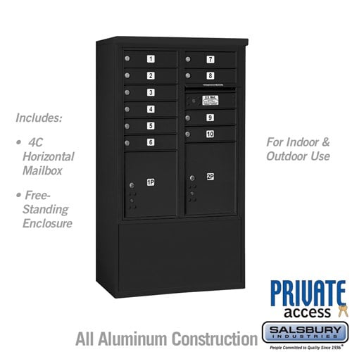 Salsbury 10 Door High Free-Standing 4C Horizontal Mailbox with 10 Doors and 2 Parcel Lockers in Black with Private Access - Sweatfully