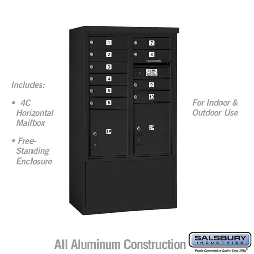 Salsbury 10 Door High Free-Standing 4C Horizontal Mailbox with 10 Doors and 2 Parcel Lockers in Black with USPS Access - Sweatfully