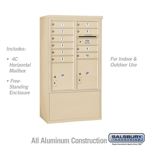 Salsbury 10 Door High Free-Standing 4C Horizontal Mailbox with 10 Doors and 2 Parcel Lockers in Sandstone with USPS Access - Sweatfully