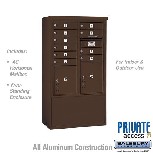 Salsbury 10 Door High Free-Standing 4C Horizontal Mailbox with 10 Doors and 2 Parcel Lockers in Bronze with Private Access - Sweatfully