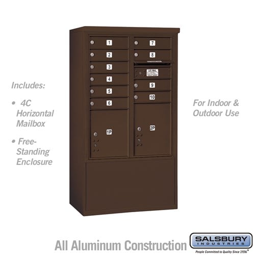 Salsbury 10 Door High Free-Standing 4C Horizontal Mailbox with 10 Doors and 2 Parcel Lockers in Bronze with USPS Access - Sweatfully