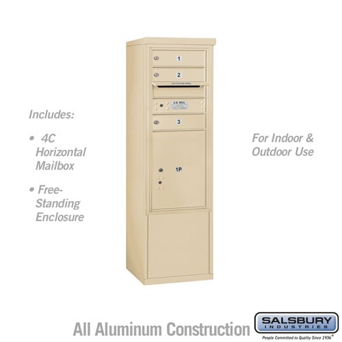 Salsbury 10 Door High Free-Standing 4C Horizontal Mailbox with 3 Doors and 1 Parcel Locker in Sandstone with USPS Access - Sweatfully